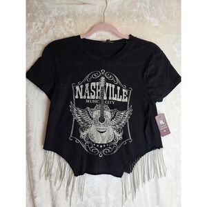 Ruby Lace Black Nashville Music City Graphic Crop Top Rhinestone‎ Fringe L